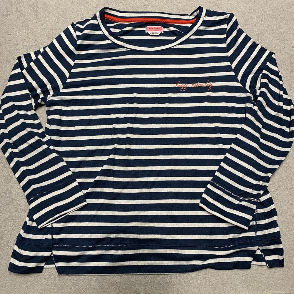 Kate Spade Sleep Shirt XL Blue White Striped Lazy Saturday Lounge Wear Soft